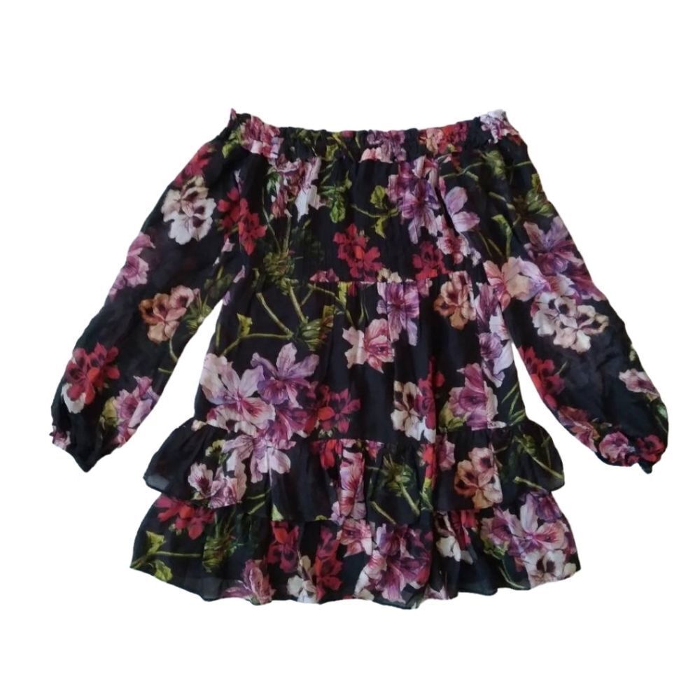 INTERMIX Knightly Black Floral Print Mini Length Off the Shoulder Dress Medium